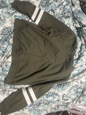 Forever 21 Olive Green Crewneck Sweater with White Sleeve Stripes